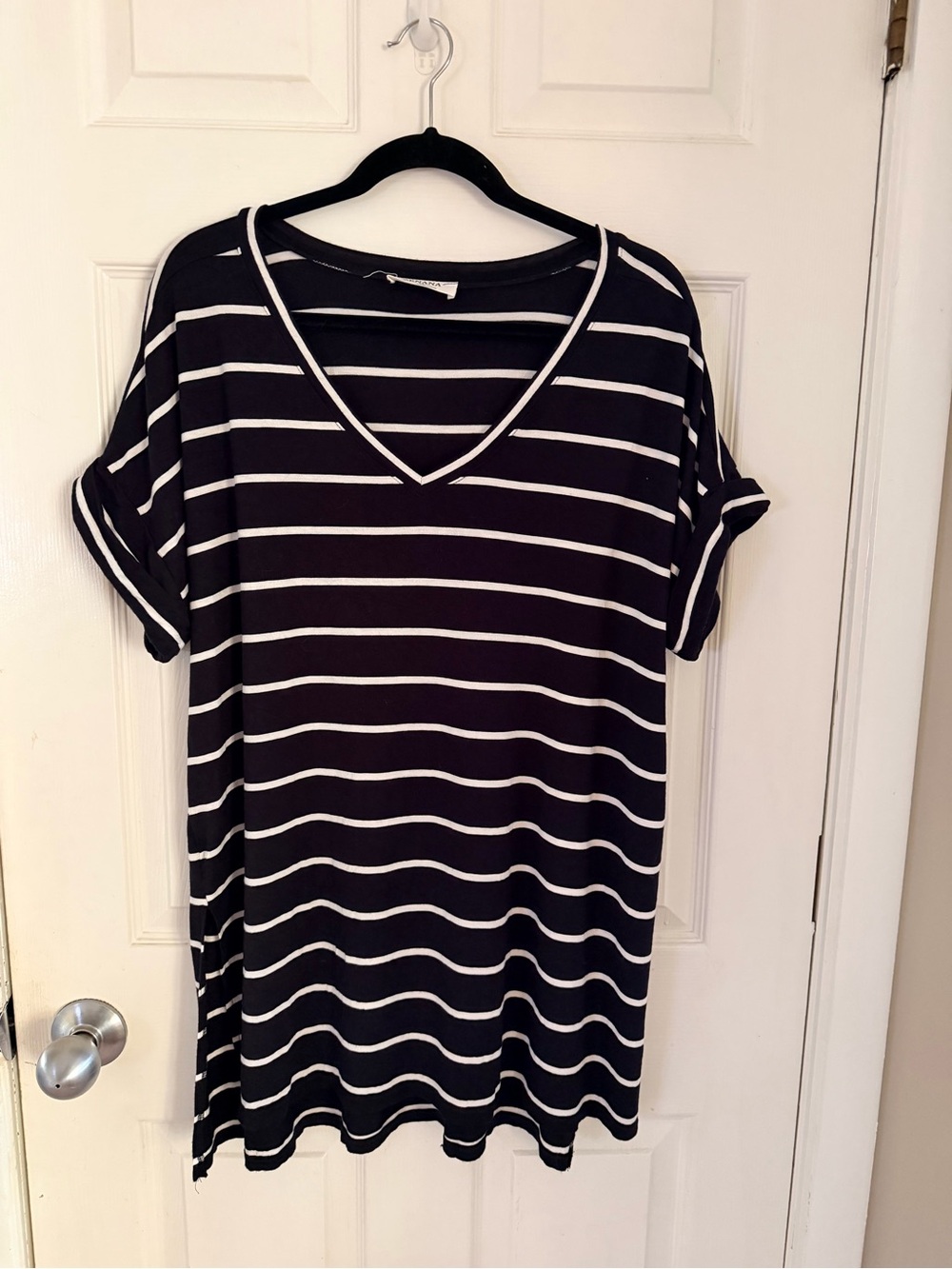 Zenana Black and White Striped V‑Neck Tunic Oversized Rolled Cuff Sleeve